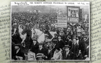 Oldham Women's Suffrage Society, 1913, NUWSS Suffragist Pilgrimage newspaper clipping from the Commemoratve Album presented to retiring President, Marjory Lees